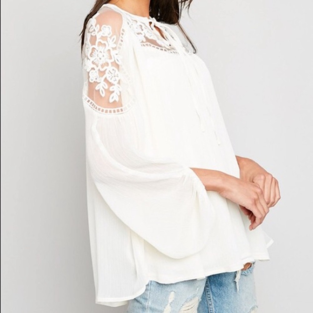 White Lace Sheer Tie Front Peasant Boho Top Blouse - Picture 3 of 5